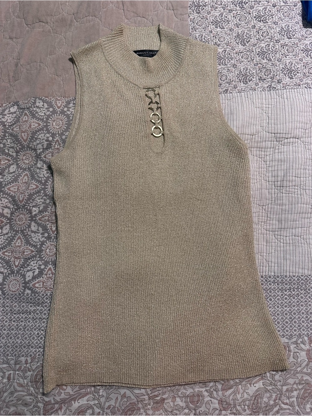 august silk Sleeveless Metallic Mock Neck Tank in Champagne Gold